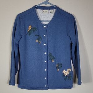 Vintage Women Snap Button Embroidered Cardigan Sweater Size S Birds Squirrels